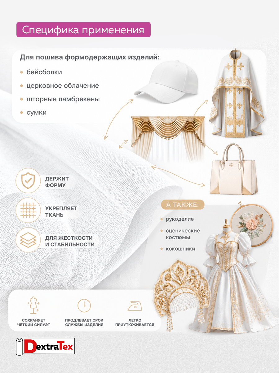 Дублерин жесткий тканый 6112 HF DextraTex (150 г/кв.м, 65% пэ, 35% хлопок, клей EVA) белый, 112 см