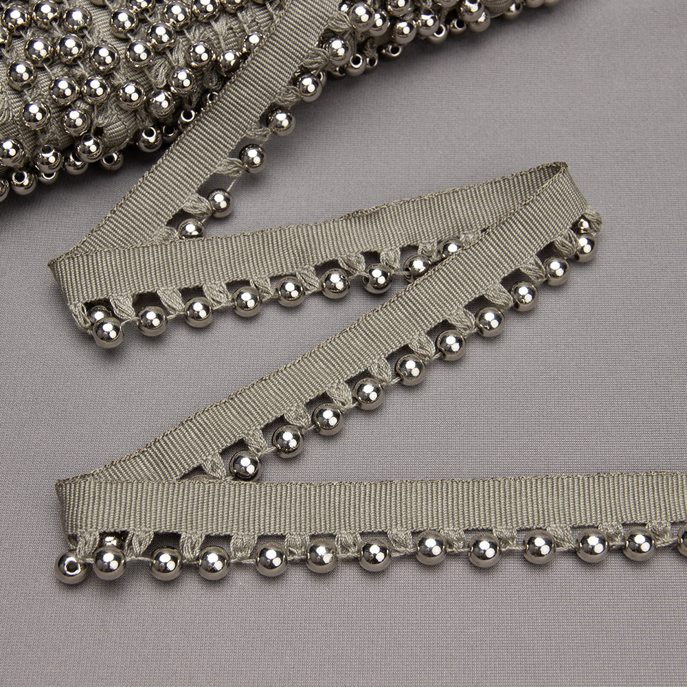 Бахрома-кант с бусами A121C-8 серо-бежевый/серебро