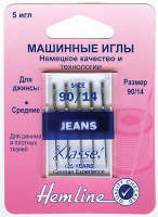 Иглы для бытовых швейных машин для джинсовых и плотнотканых материалов №90 Hemline 103.90 (5 блистер х 5 шт)