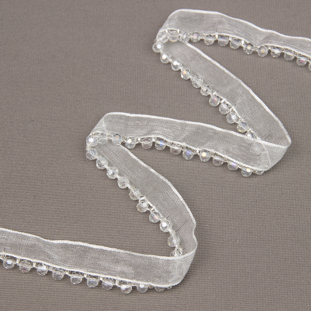 Кант на органзе с бусами 2508-01 белый/crystal (ширина общая 1,3 см/ декор 0,5 см)