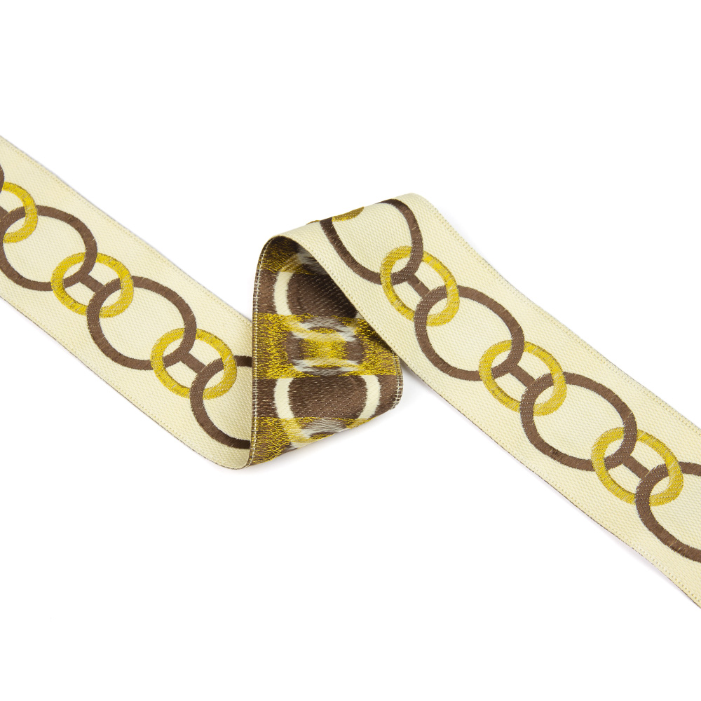 Текстильный бордюр YGH258-4 Mirtex шампань/коричневый/золото "Кольца", ширина 4 см