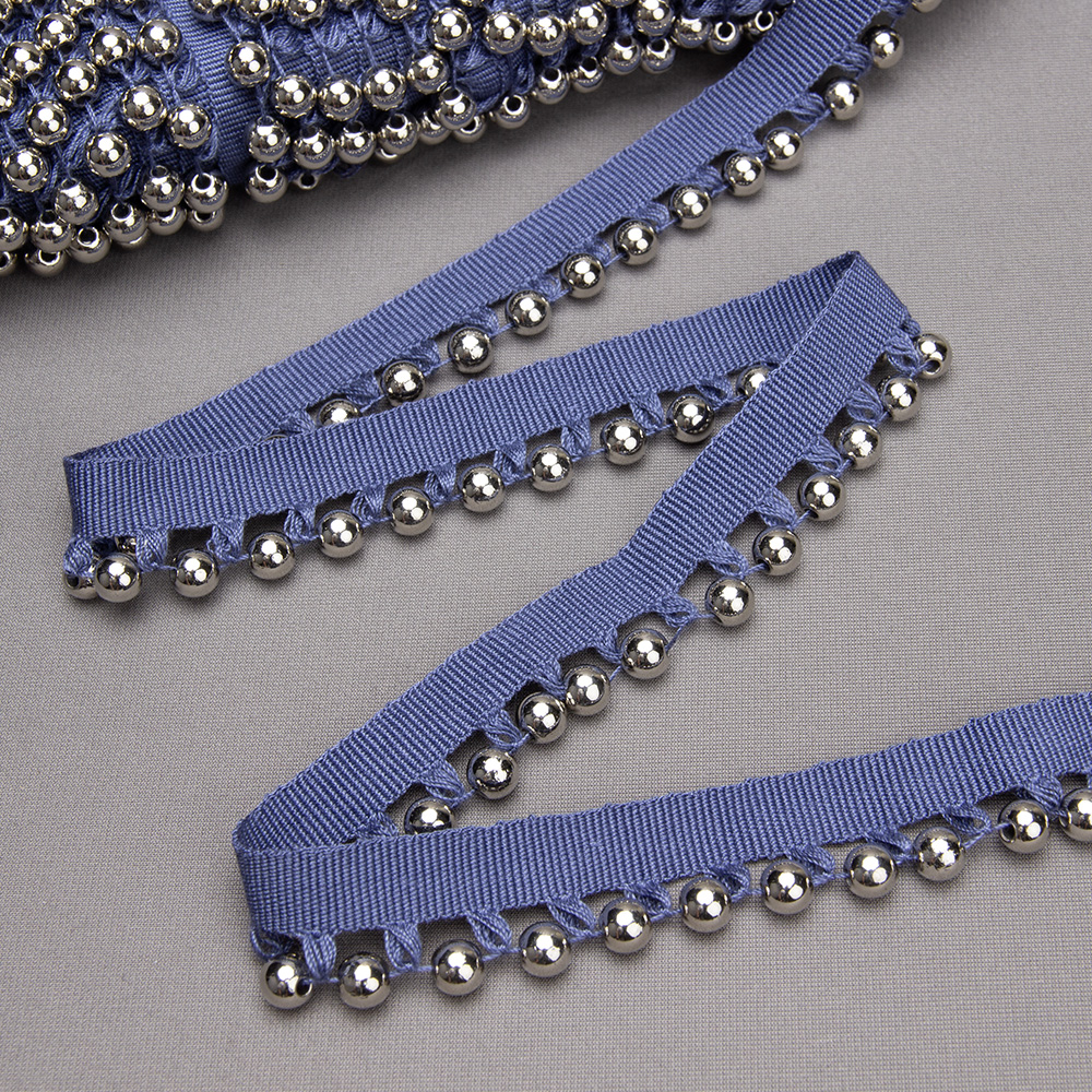 Бахрома-кант с бусами A121C-2 синий деним/серебро