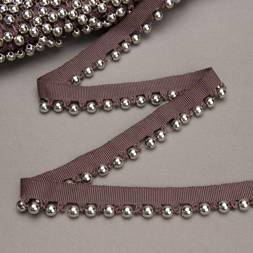Бахрома-кант с бусами A121C-6 темно-коричневый/серебро