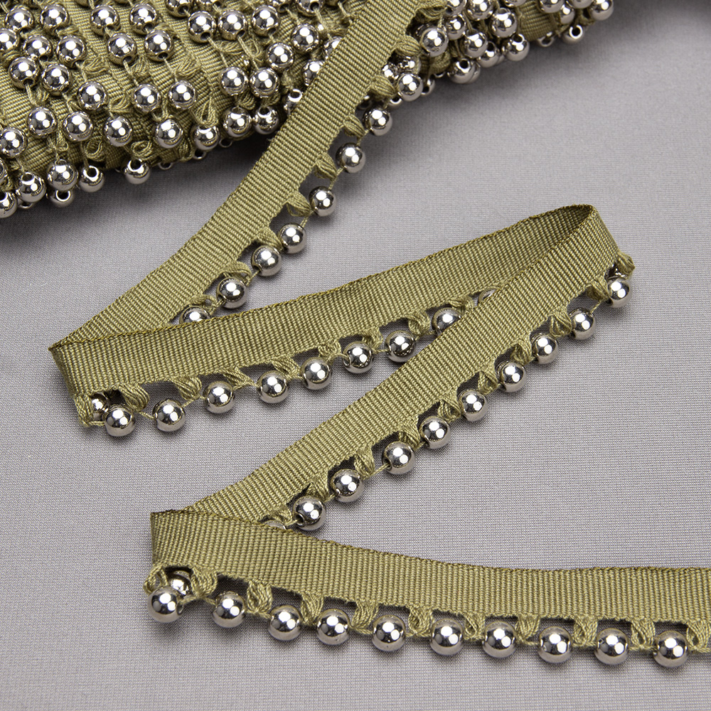 Бахрома-кант с бусами A121C-9 темно-оливковый/серебро